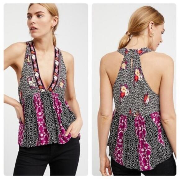 Free People Top Womens XS Black Dream Darlin Deep V-Neck Babydoll Boho Flowy - Picture 1 of 14